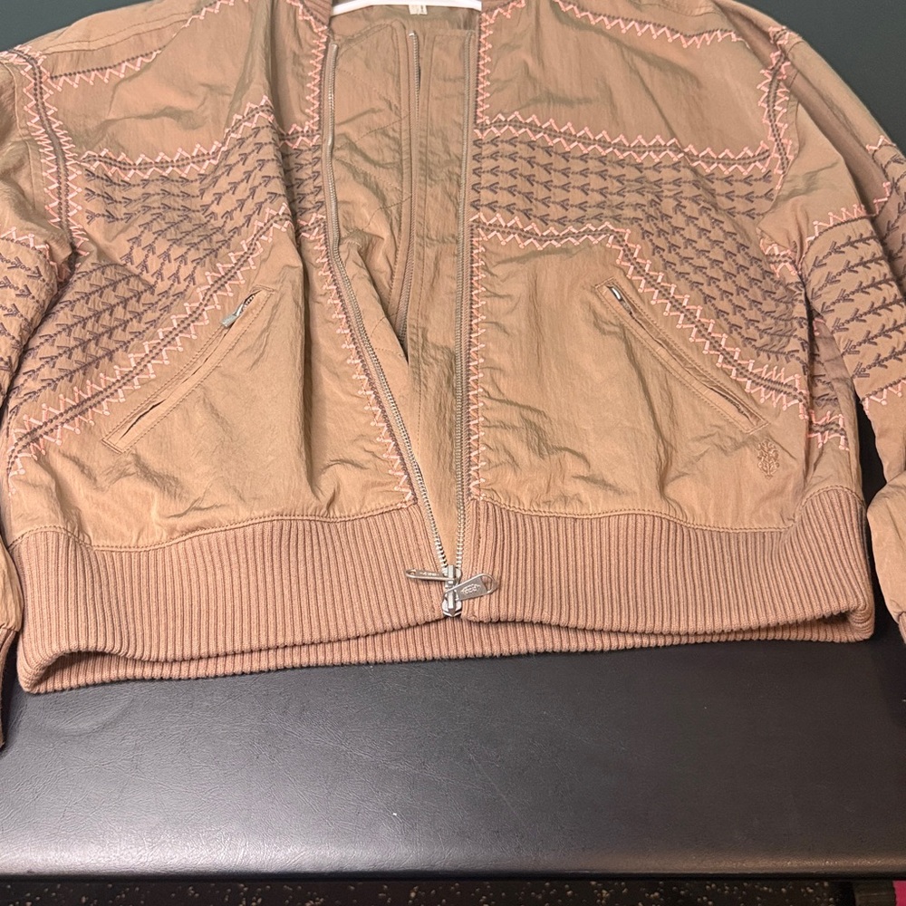 FP Movement by Free People Rust Brown Bomber Jacket with Pink Contrast Stitching - Picture 2 of 11